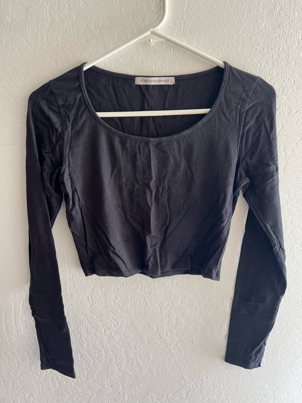 Foreign Exchange Black Long-Sleeve Scoop Neck Crop Top